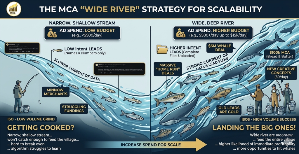 Infographic comparing MCA ad spend volume to a wide river versus a narrow stream for funding whales.